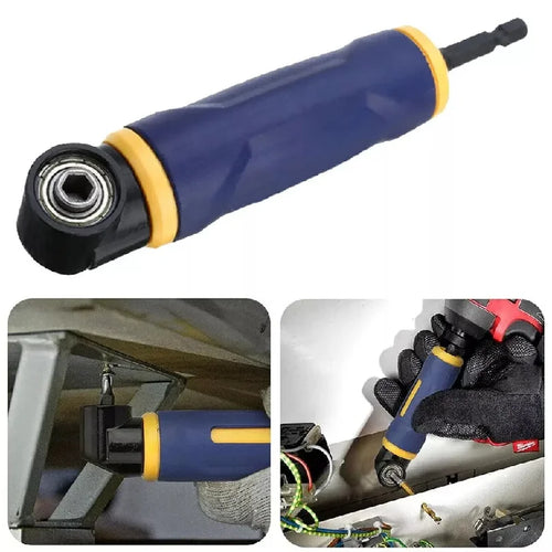 90° Corner Drill Adapter with examples of fastening beneath a bracket and inside a narrow compartment