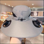 HighPeak Cooling Fan Sun Hat in light gray with dual built-in fans and adjustable fit shown indoors on hand display
