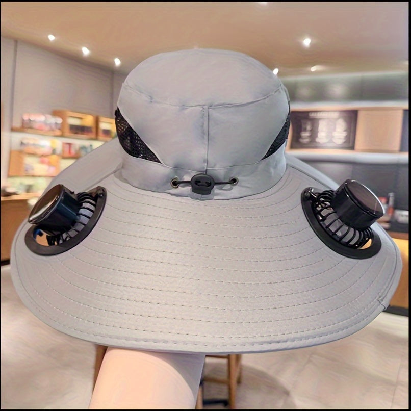 HighPeak Cooling Fan Sun Hat in light gray with dual built-in fans and adjustable fit shown indoors on hand display