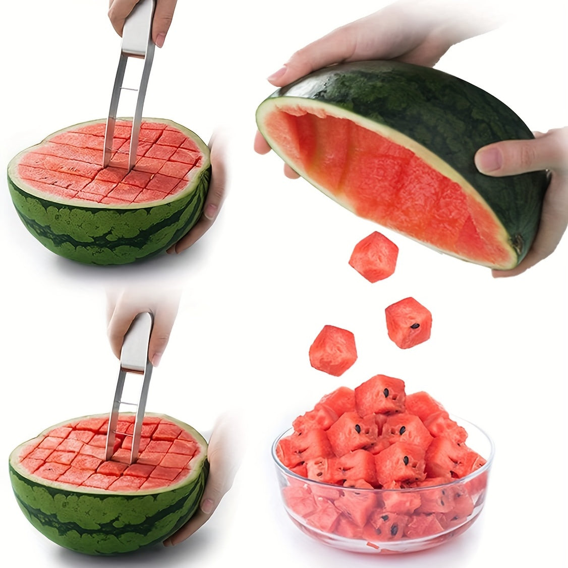 MelonMate™ - Cube Cutter slicing watermelon into even cubes with ergonomic handle and stainless steel blades by HighPeak