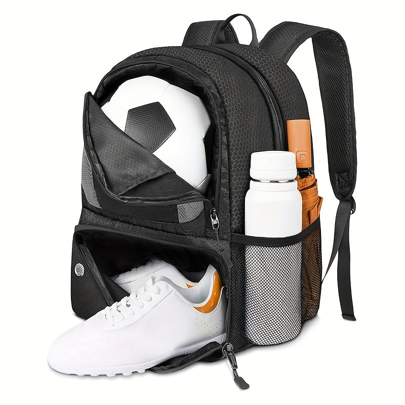 GearGoal™ - All Sport Backpack in black with ball pocket, shoe compartment, and side bottle slots for athletes on the go