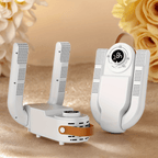 ShoeJet™ shoe dryer in white with foldable arms and smart heat control, displayed on a beige surface with flowers.