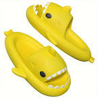 Shark Slides in bright yellow with shark-bite design, open toe, and cushy EVA sole for indoor and outdoor wear by HighPeak