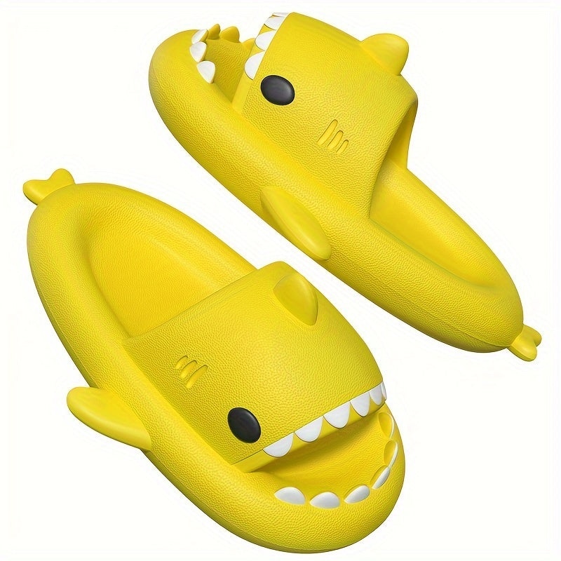 Shark Slides in bright yellow with shark-bite design, open toe, and cushy EVA sole for indoor and outdoor wear by HighPeak