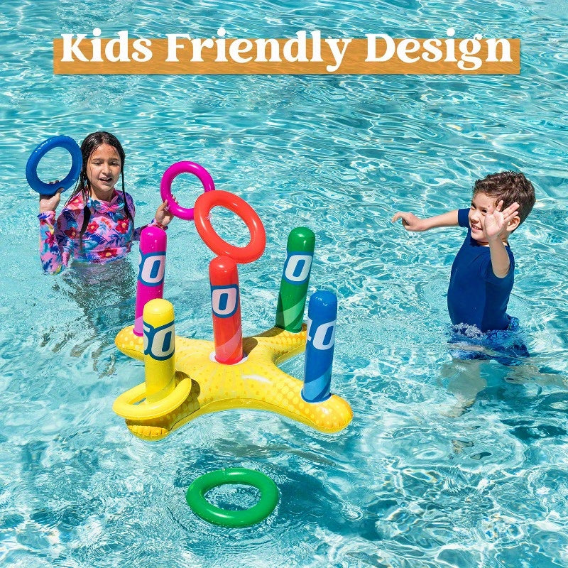 HighPeak 2-in-1 Inflatable Pool Toss Game with colorful rings floating in pool, kids playing and having fun