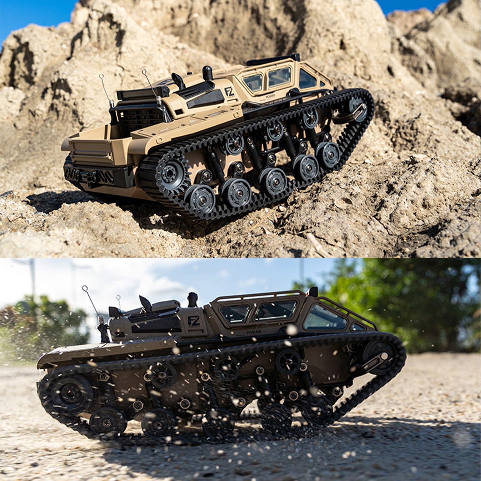 HighPeak WarBeast RC Tank in tan with tracked treads climbing rocky terrain and racing on dirt outdoors