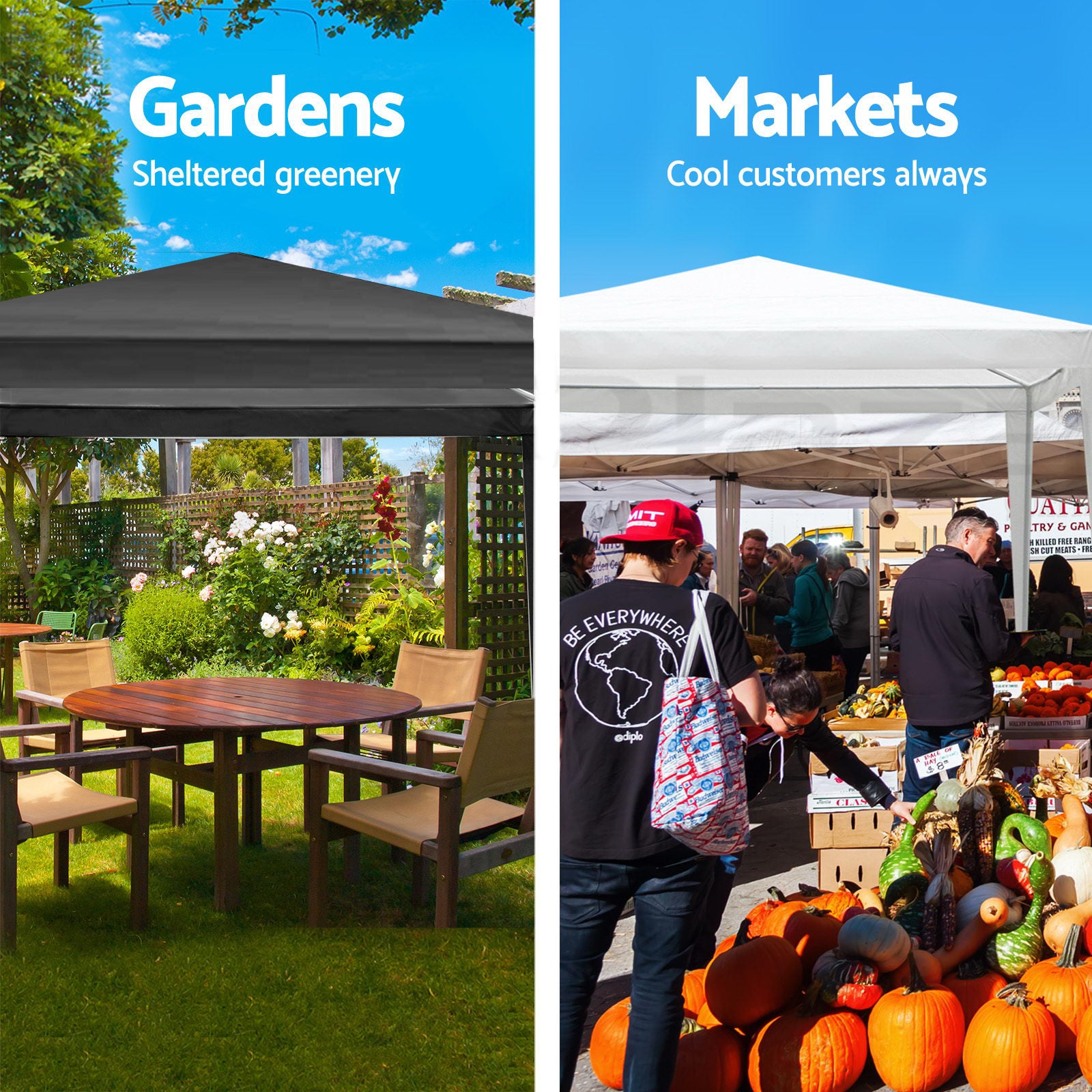 HighPeak Outdoor Party Tent in black and white set up in garden and market scenes providing shade and weather-resistant shelter