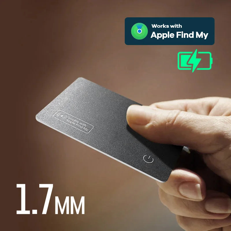 HighPeak Smart Tracker Card in black held in hand showing slim 1.7mm design and Apple Find My compatibility icon