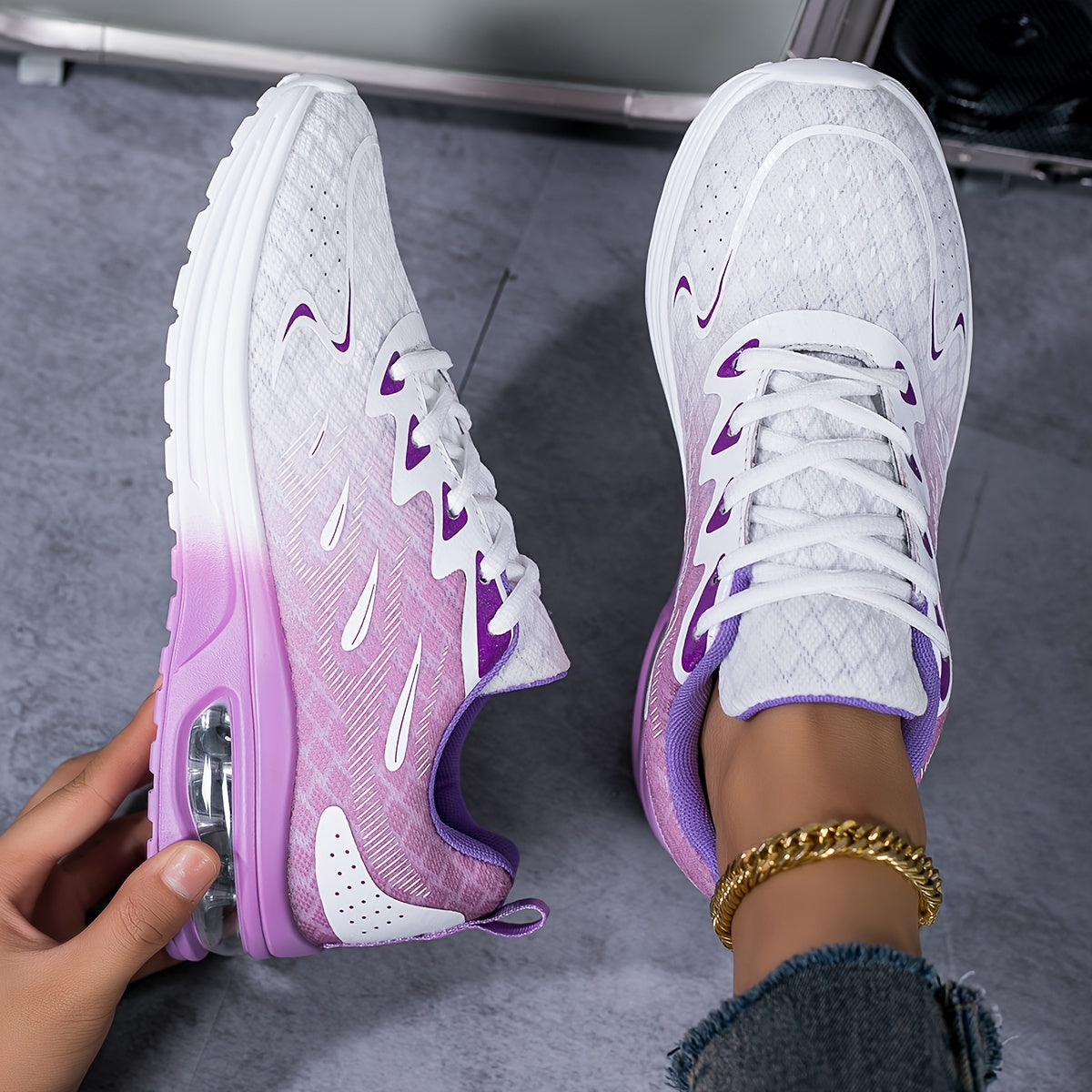 Air-Cushion Gradient Sneakers in white-to-purple ombre with quilted texture and cushioned sole - stylish running shoes