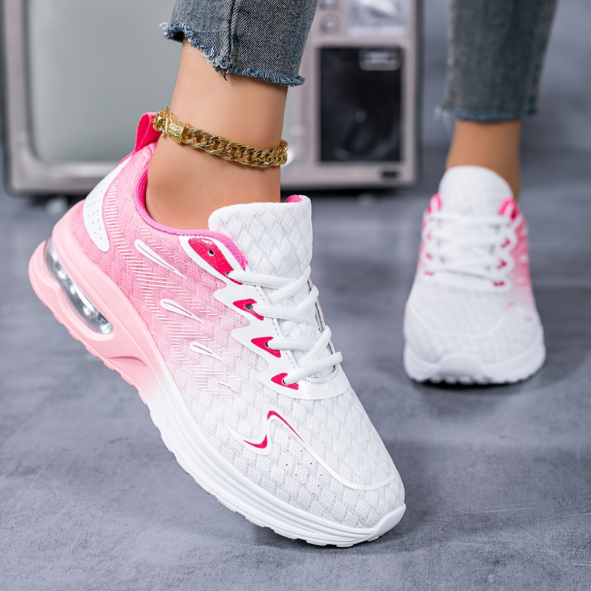 Air-Cushion Gradient Sneakers shown in white and pink ombre design with knit upper and cushioned sole perfect for running
