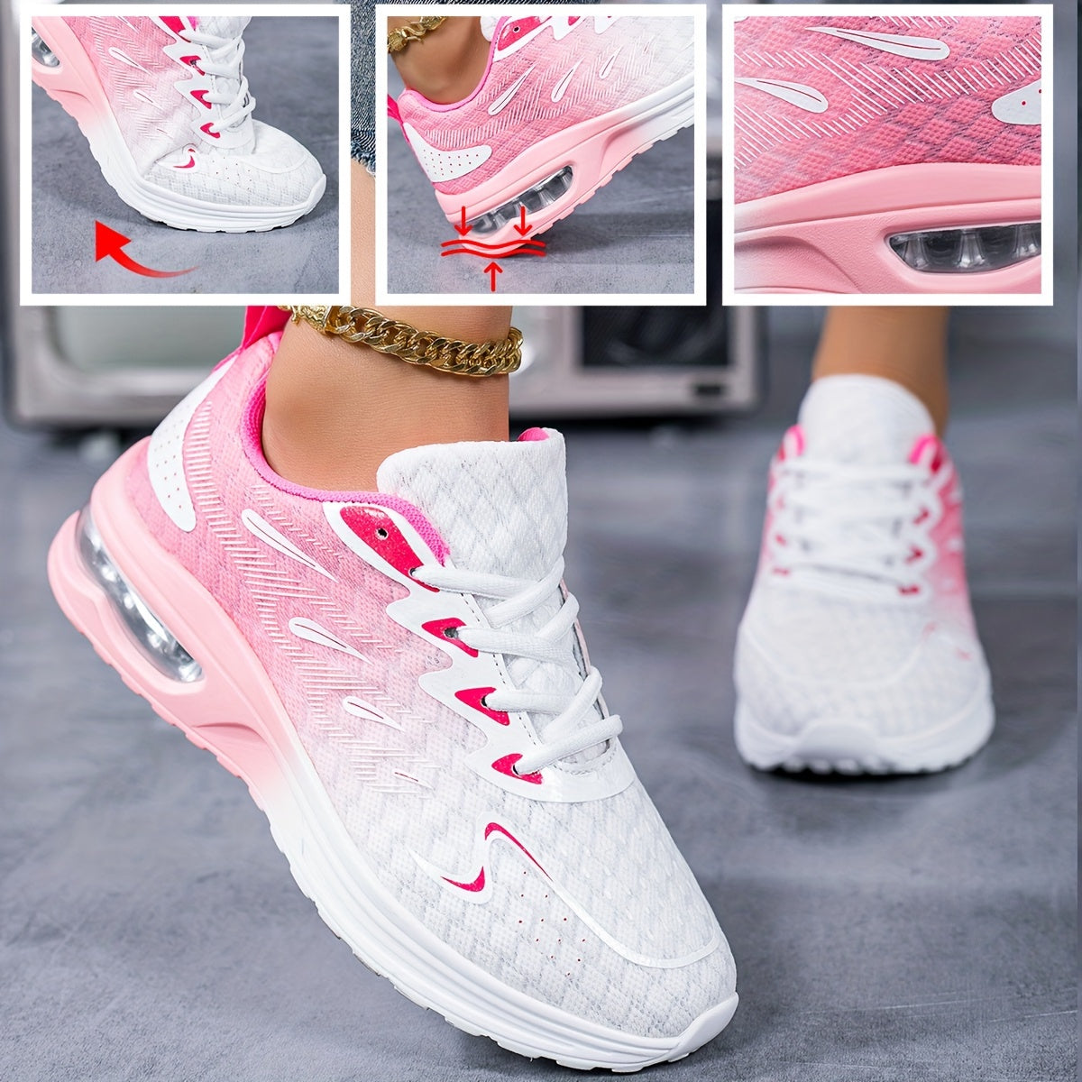 Air-cushion gradient sneakers in white and pink ombre design with breathable knit upper and cushioned sole for running