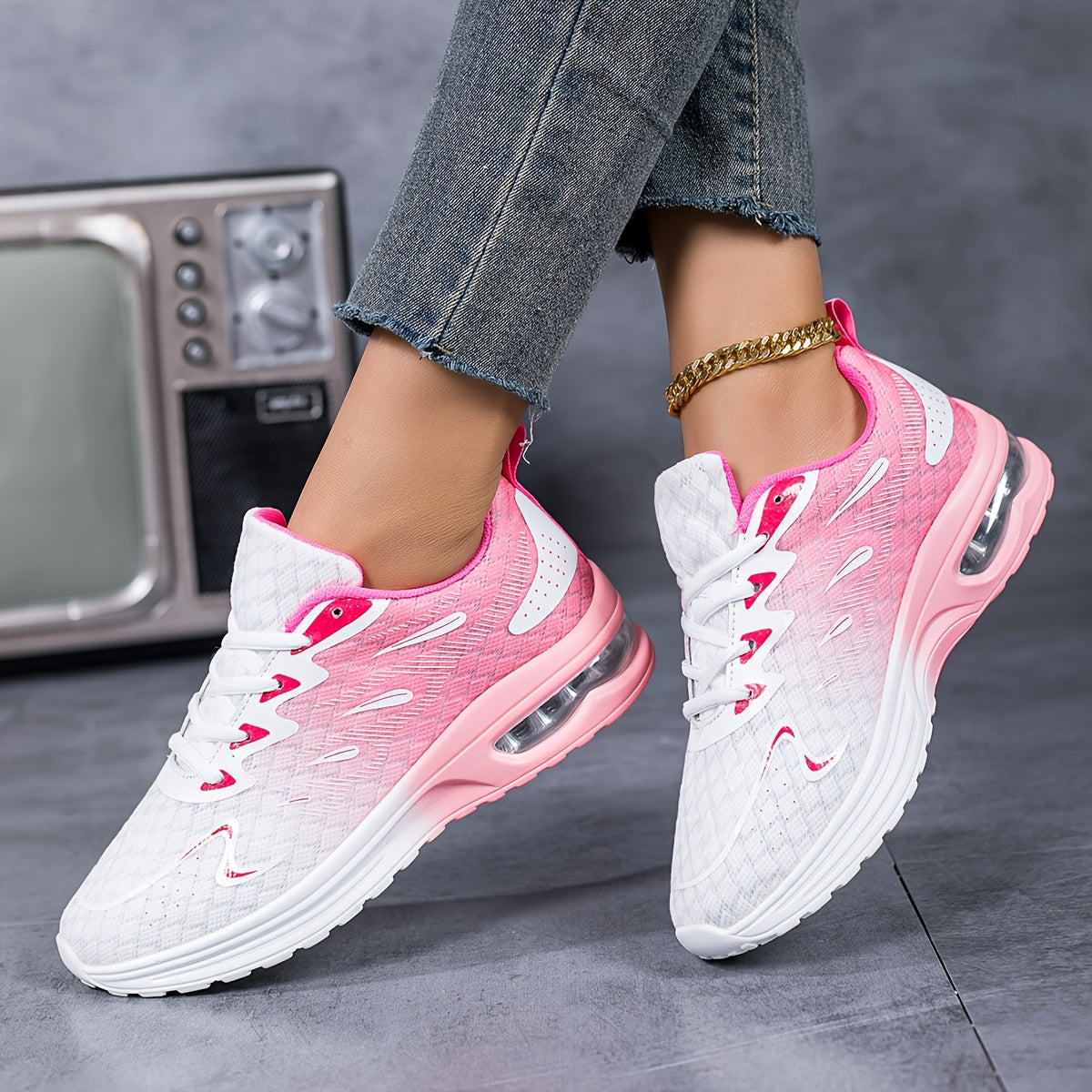 Air-cushion gradient sneakers in white and pink ombre with knit upper and lace-up design - stylish running shoes