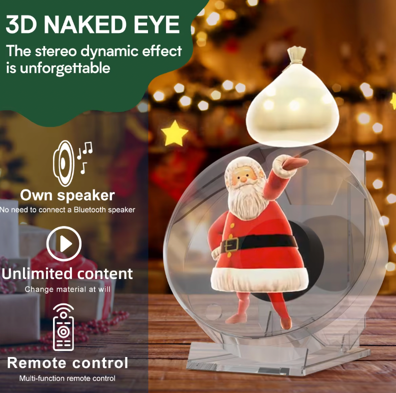 HighPeak AirAura holographic display showing Santa figure in transparent sphere with remote control and speaker features