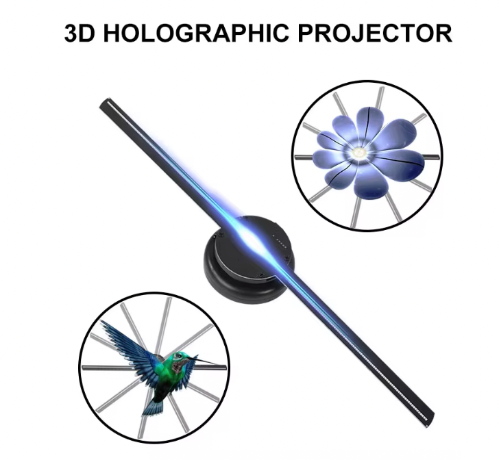 HighPeak AirAura 3D holographic fan projector displaying blue flower and hummingbird animations with black base and LED strip