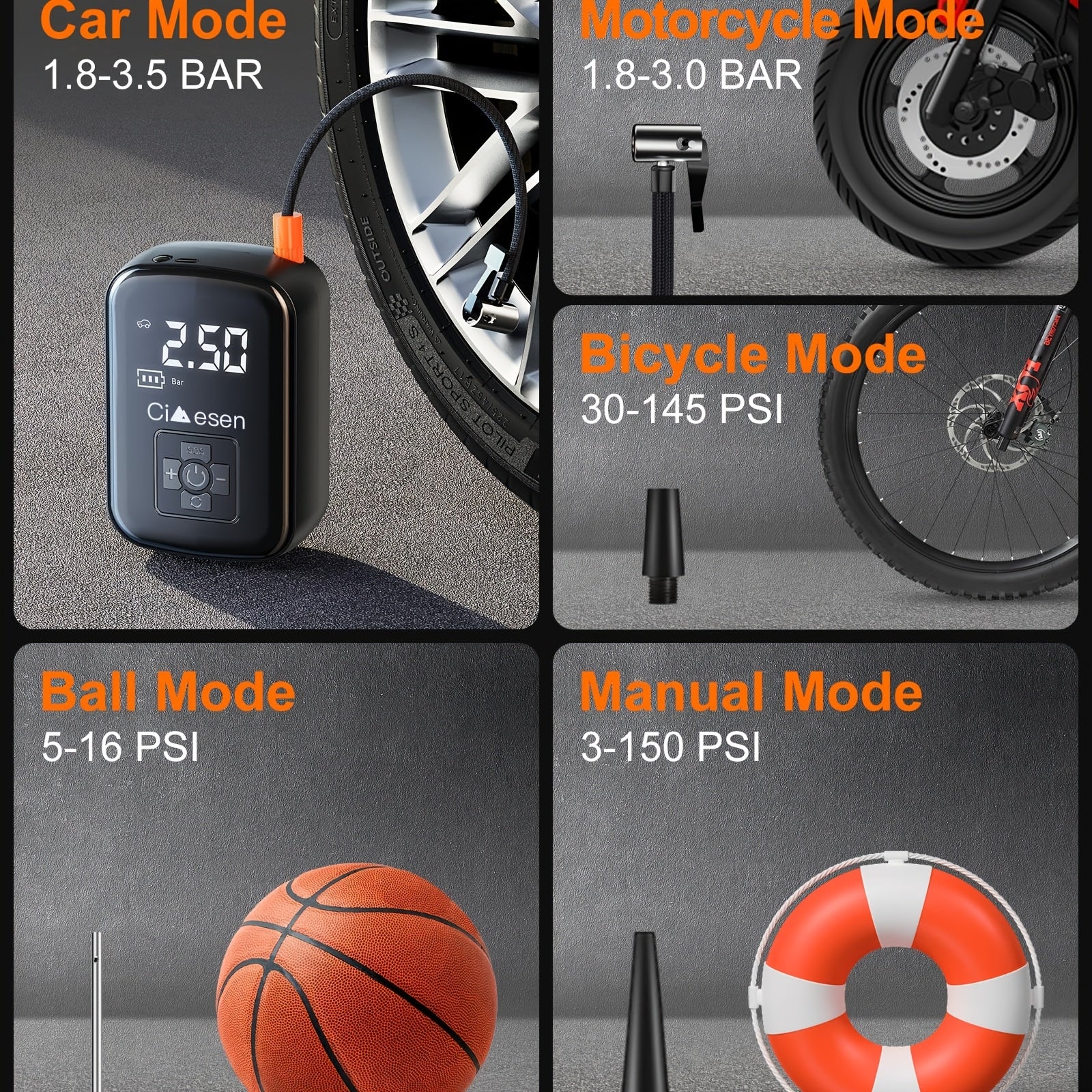 AirBolt Mini Smart Tire Inflator displaying digital PSI screen with multiple mode settings for car, motorcycle, bicycle and sports equipment