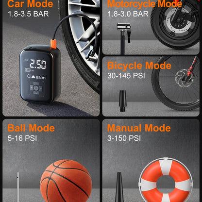 AirBolt Mini Smart Tire Inflator displaying digital PSI screen with multiple mode settings for car, motorcycle, bicycle and sports equipment