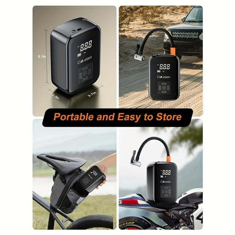 AirBolt Mini smart tire inflator shown in black with digital display, portable design for car, bike and motorcycle use