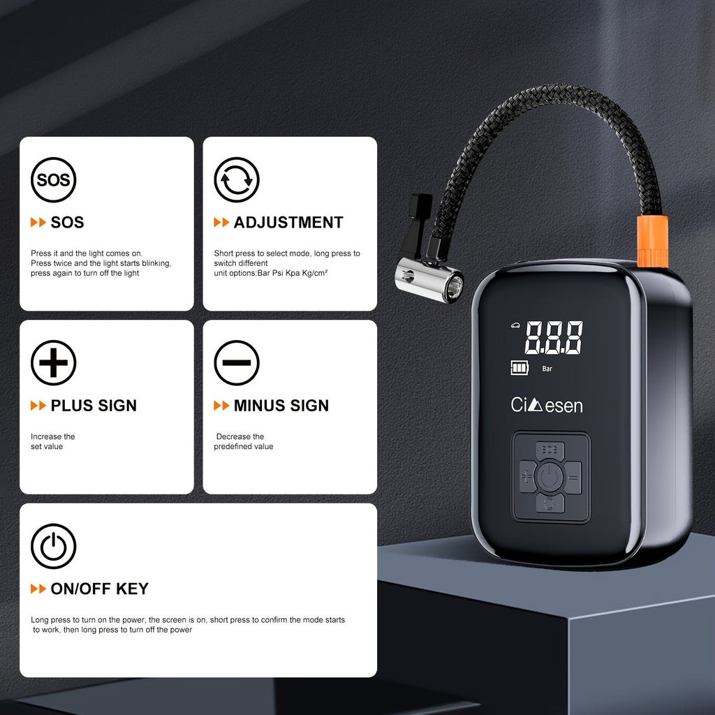 AirBolt Mini smart tire inflator shown with digital display and control panel, featuring compact black design with LCD screen