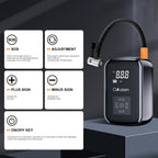 AirBolt Mini smart tire inflator shown with digital display and control panel, featuring compact black design with LCD screen