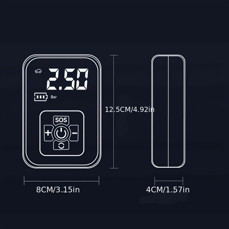 AirBolt Mini smart tire inflator technical diagram showing digital display and compact dimensions of 12.5cm height and 8cm width