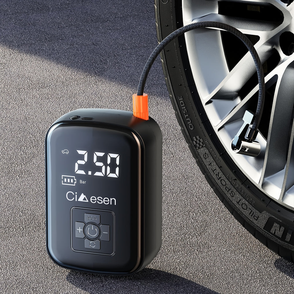 AirBolt Mini smart tire inflator with digital display connected to car tire - compact black device showing PSI reading