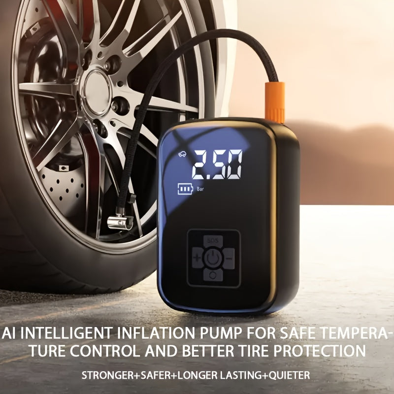 AirBolt Mini smart tire inflator with digital display connected to car wheel - compact portable tire maintenance device