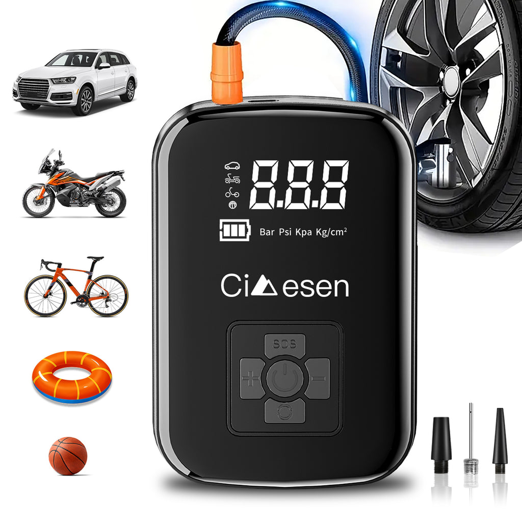 AirBolt Mini smart tire inflator with digital display, orange nozzle and black body shown with car, bike and motorcycle icons