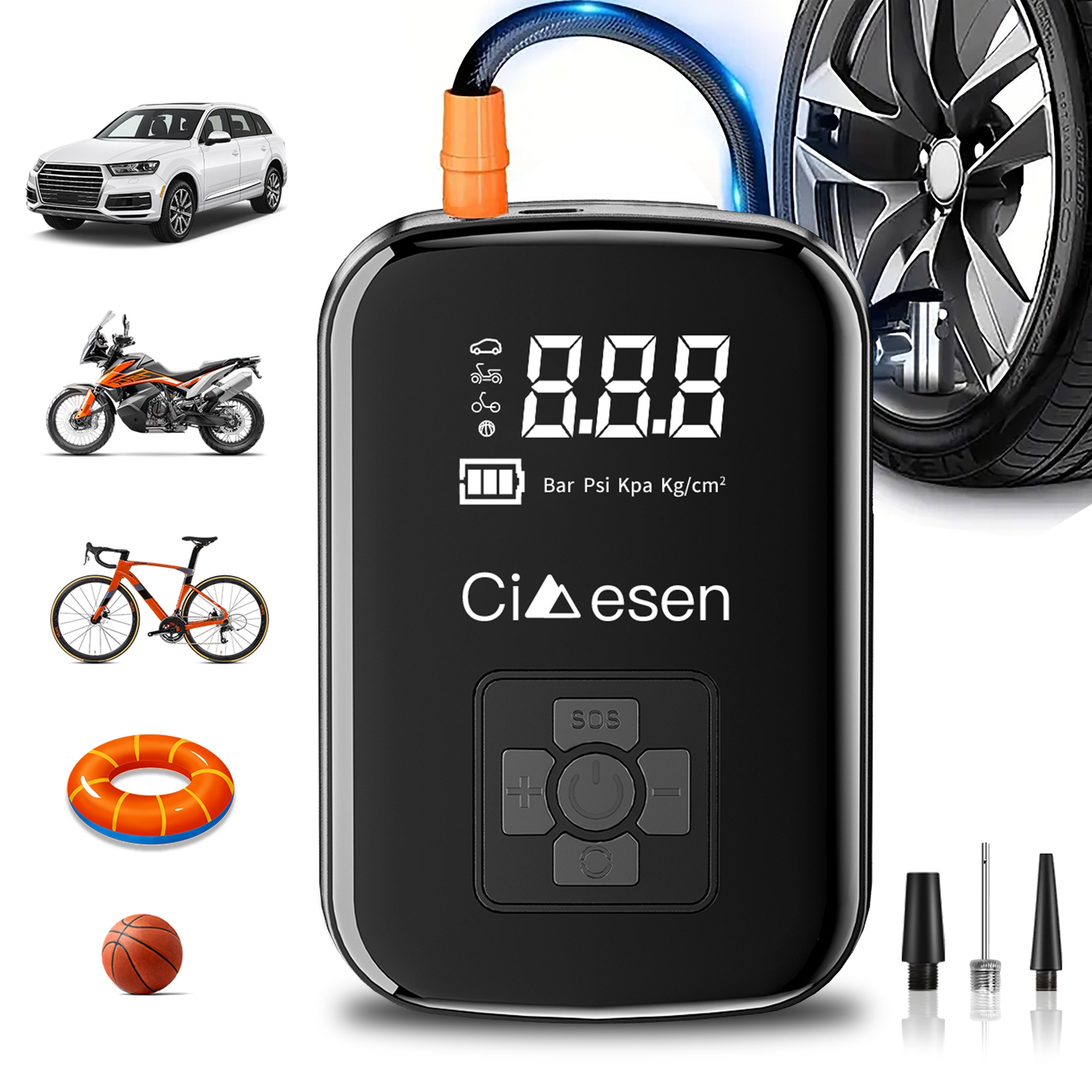 AirBolt Mini smart tire inflator with digital display, orange nozzle and black body shown with car, bike and motorcycle icons