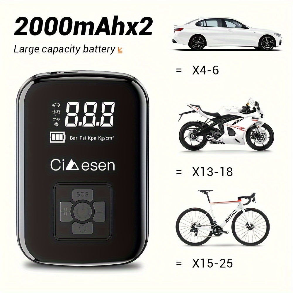 AirBolt Mini smart tire inflator with digital display showing pressure readings, compatible with cars, bikes and motorcycles