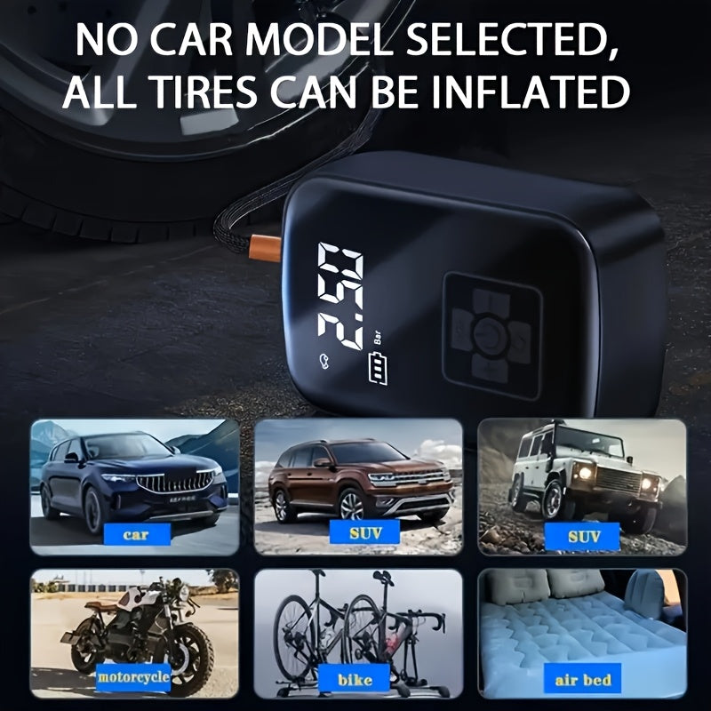 AirBolt Mini smart tire inflator with digital display shown with vehicle types, compact black design with LED screen