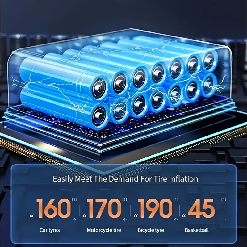 AirBolt Mini smart tire inflator with high-capacity lithium batteries displayed in transparent case with digital pressure readings