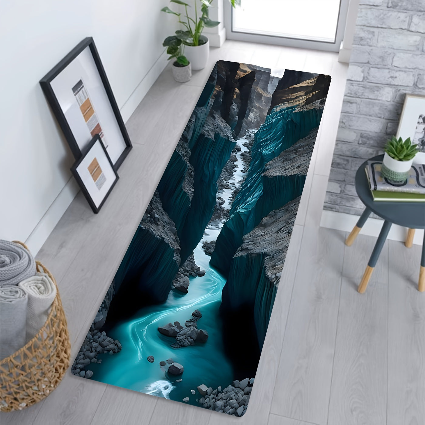 AquaCanyon 3D Nature Runner Rug featuring dramatic turquoise river flowing through dark rocky canyon in modern room setting