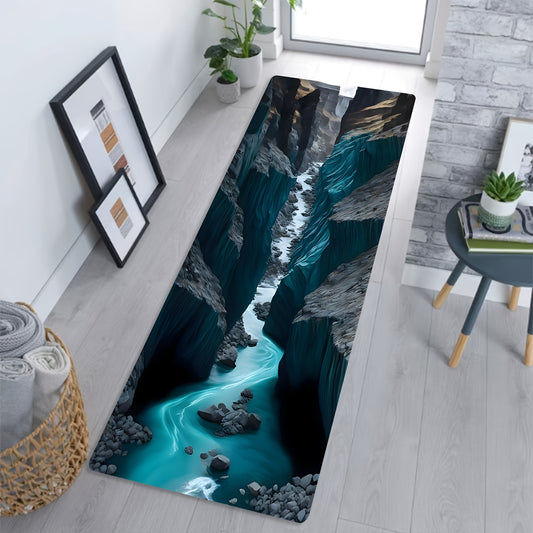 AquaCanyon 3D Nature Runner Rug featuring dramatic turquoise river flowing through dark rocky canyon in modern room setting