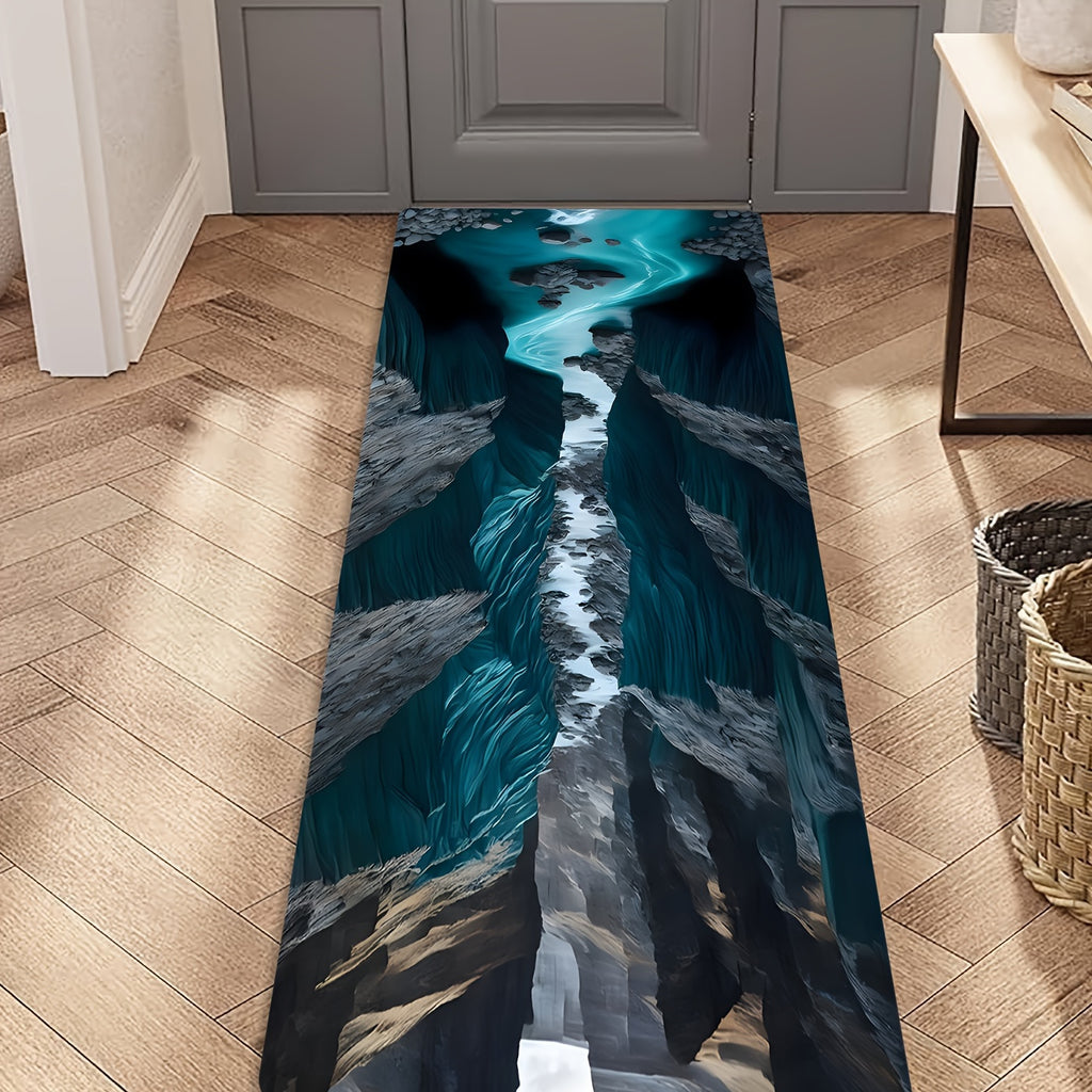 AquaCanyon 3D Nature Runner Rug featuring dramatic turquoise river winding through dark canyon walls on herringbone wood floor