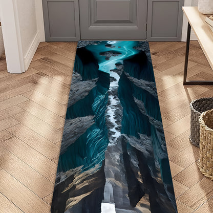 AquaCanyon 3D Nature Runner Rug featuring dramatic turquoise river winding through dark canyon walls on herringbone wood floor