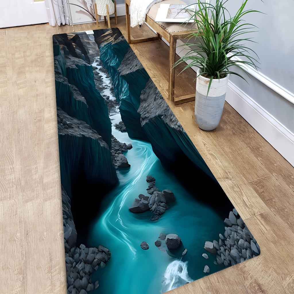 AquaCanyon 3D Nature Runner Rug featuring turquoise river flowing through dark rocky canyon, displayed on hardwood floor