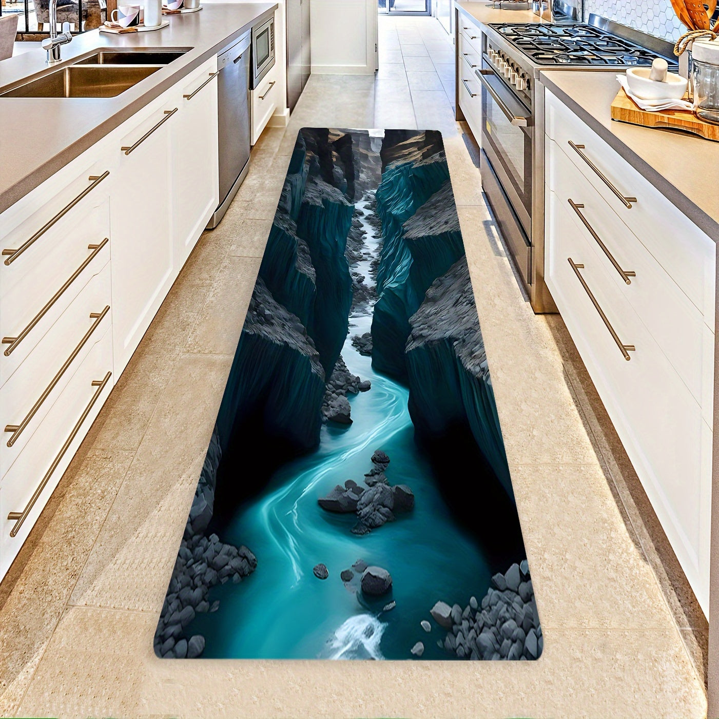 AquaCanyon 3D Nature Runner Rug featuring turquoise river flowing through dark rocky canyon in modern kitchen setting