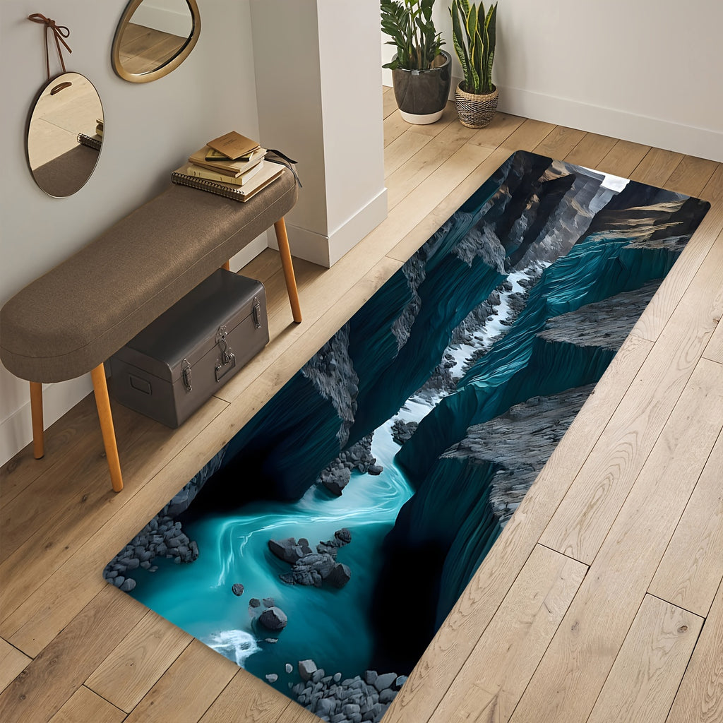 AquaCanyon 3D Nature Runner Rug featuring turquoise river flowing through dramatic rocky canyon on hardwood floor setting