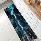 AquaCanyon 3D Nature Runner Rug featuring turquoise river flowing through rocky canyon landscape, displayed in kitchen setting
