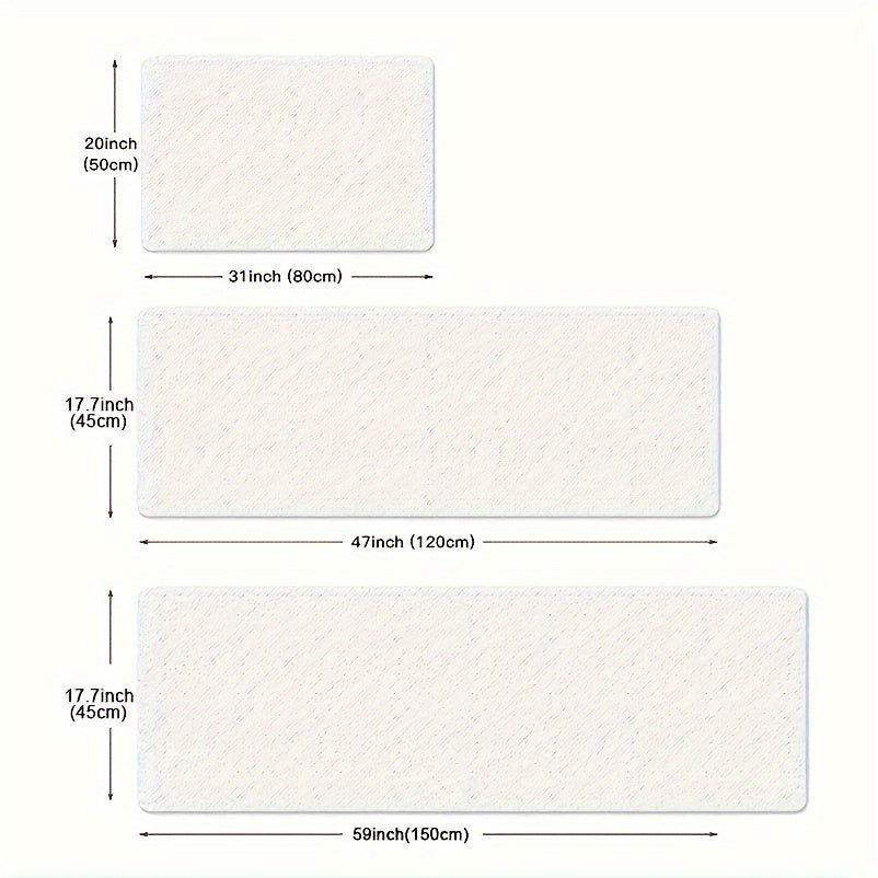 AquaCanyon 3D Nature Runner Rug size comparison diagram showing three rectangular white mats with measurements in inches and centimeters