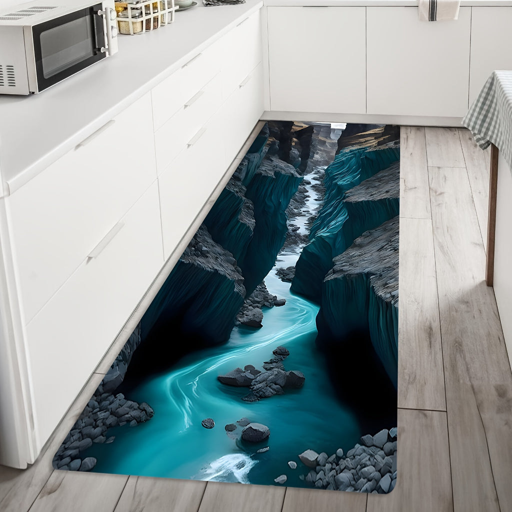 AquaCanyon 3D Nature Runner featuring turquoise river flowing through dramatic rocky canyon on white kitchen floor