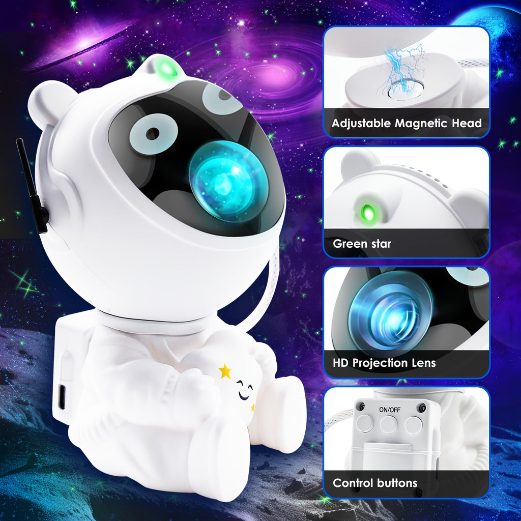 Astronaut Galaxy Projector in white with blue LED lens, magnetic head and star detail - space-themed room light display