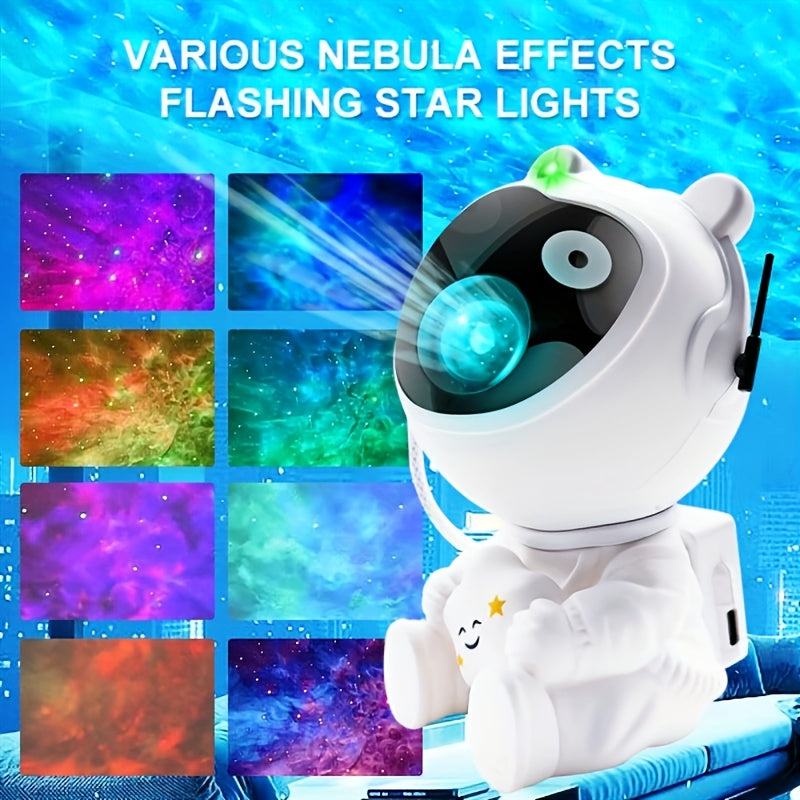 Astronaut Galaxy Projector in white with rotating helmet displaying colorful nebula effects and star patterns