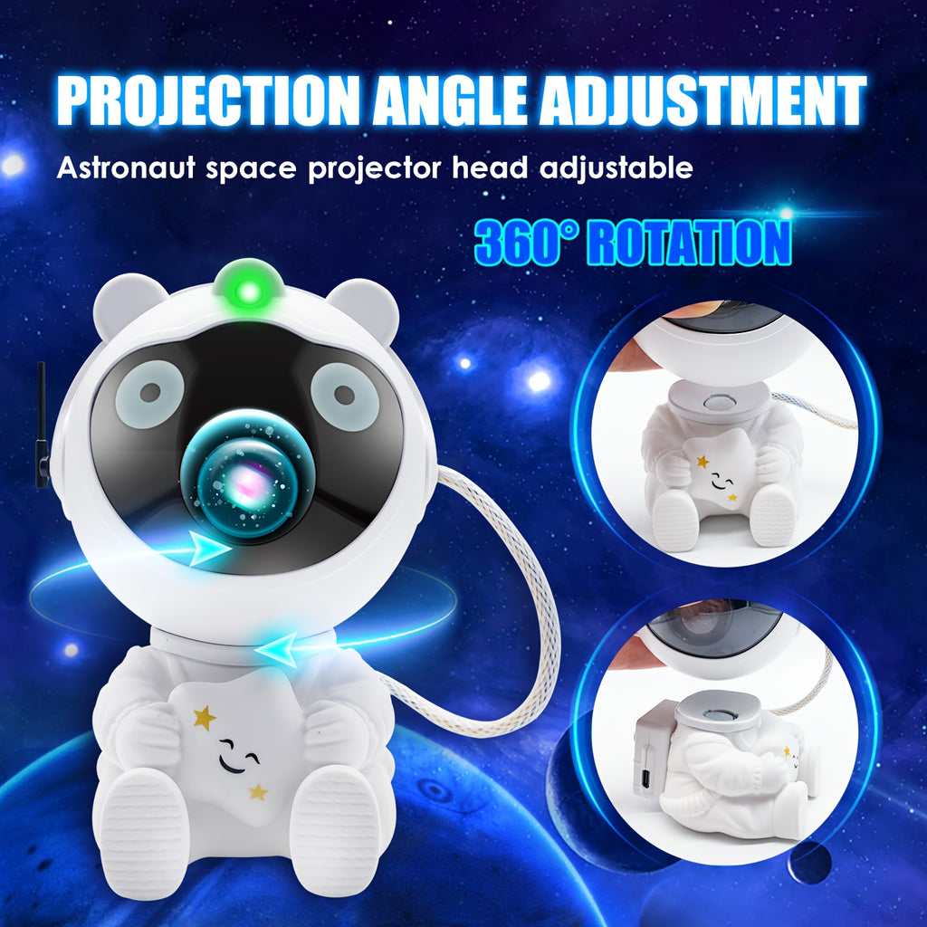 Astronaut Galaxy Projector with 360-degree rotating head shown in white and black design, featuring adjustable projection angles