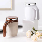 HighPeak Self Stirring Mug in brown and white with stainless steel rim, designed for hands-free mixing in home or office settings