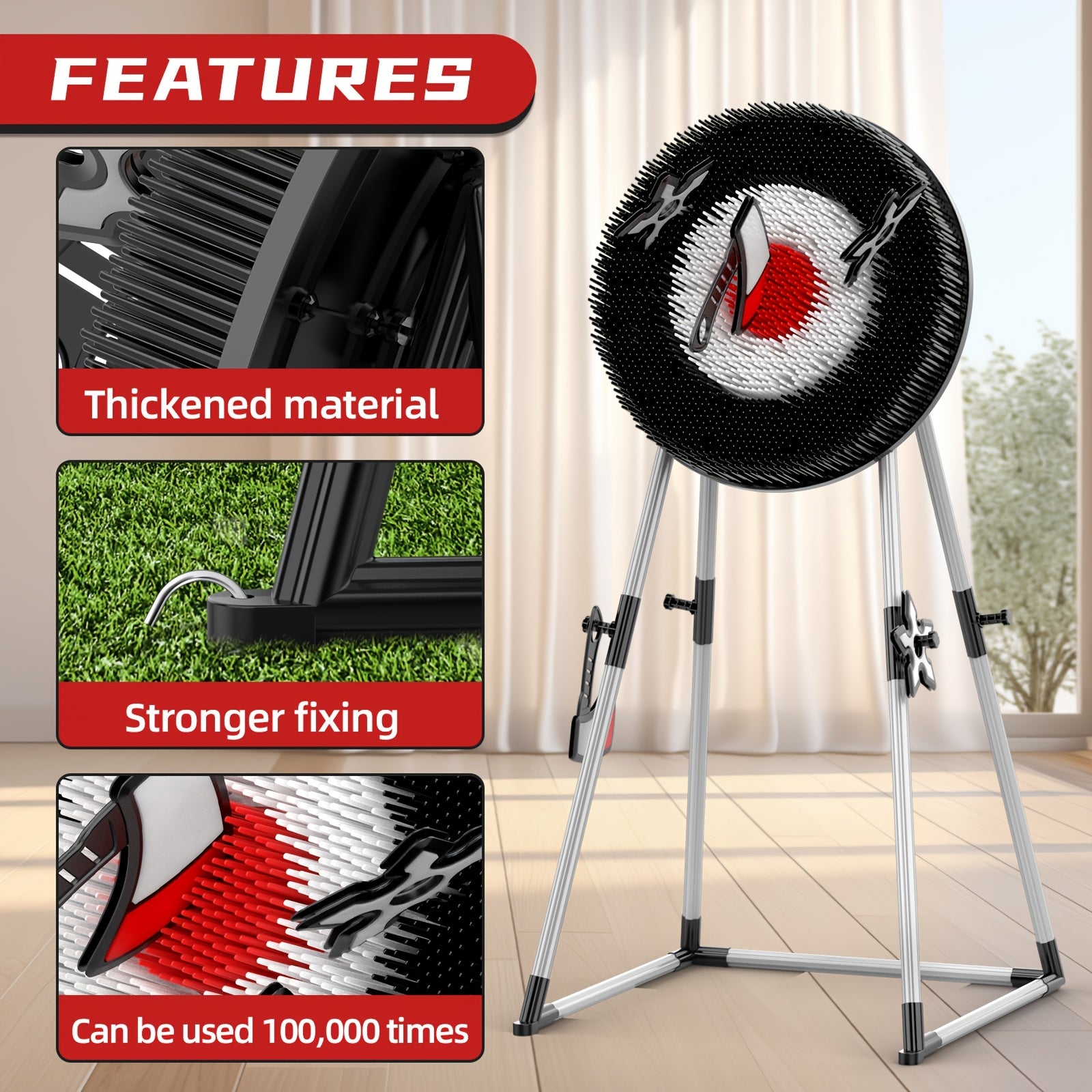 AxeMaster circular target board on adjustable tripod stand with black and red bullseye design for indoor throwing game