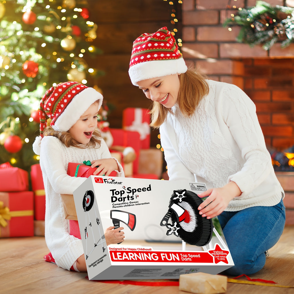 AxeMaster foam target game set displayed near Christmas tree with parent and child opening gift box - indoor family fun