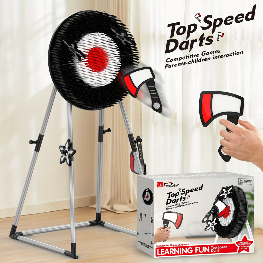 AxeMaster foam target game with black bullseye board and red foam axe, mounted on adjustable metal tripod stand