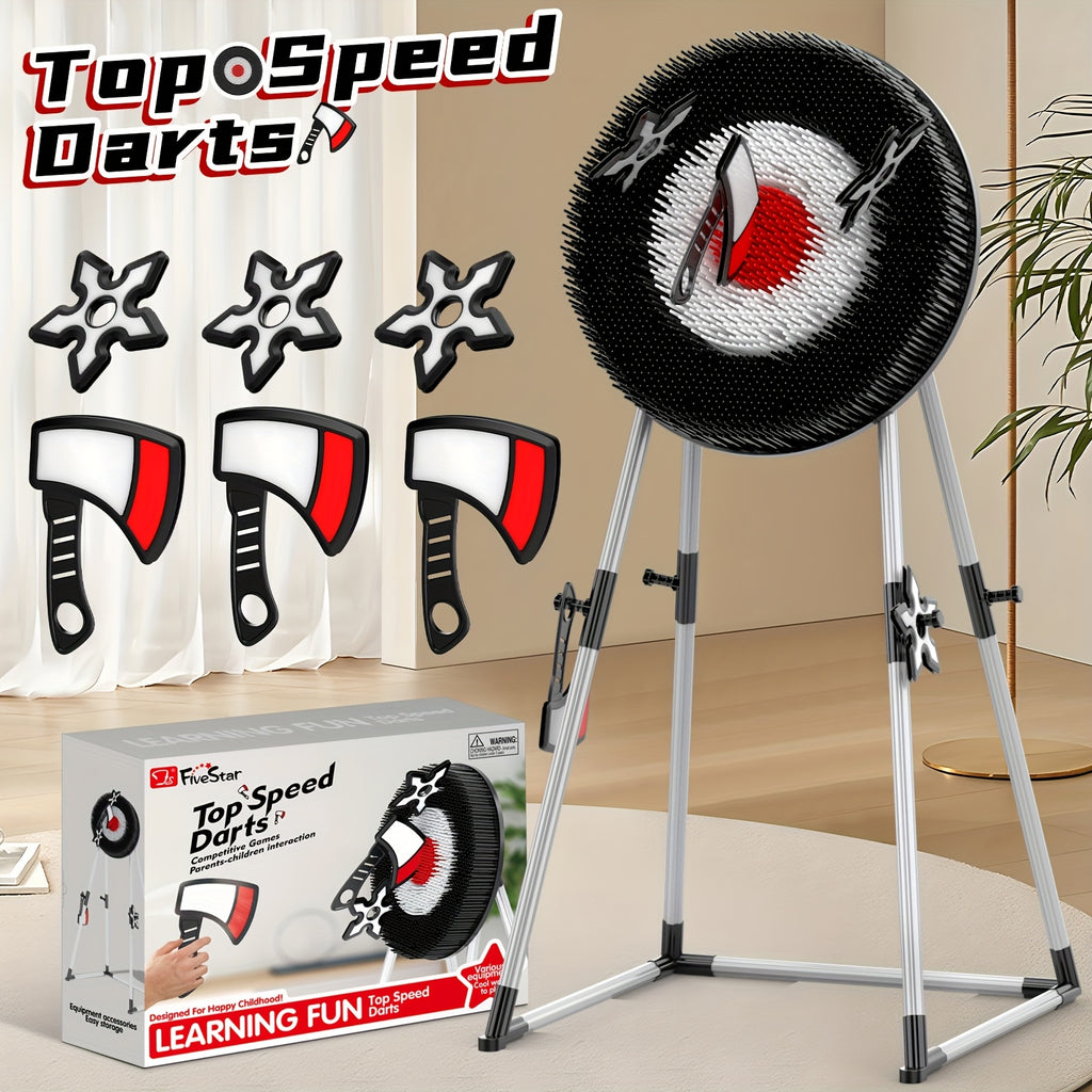 AxeMaster indoor target game with black and red bullseye board on tripod stand, foam axes displayed, retail packaging shown