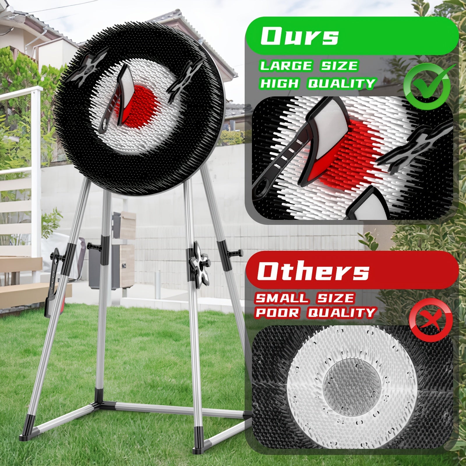 AxeMaster target game board with red and black design on adjustable tripod stand - outdoor backyard setup